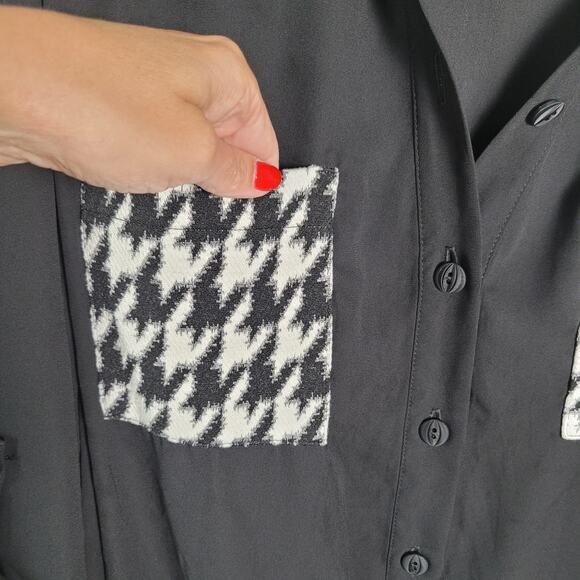 Frank Lyman Shirt 20 Plus Black Houndstooth Trim Sheer Button Drawstring Hem - Picture 2 of 11